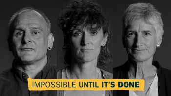 Black and white headshots of Winfried Hensinger, Gail Davey and Alice Eldridge with the words 'impossible until it's done'