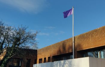 Image of purple disability flag flying at Sussex House university building