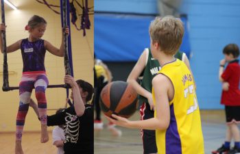 A girl on a trapeze and a boy holding a basketball