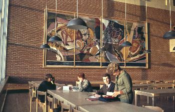 A photo of the mural 'Day’s Rest, Day’s Work', by Ivon Hitchens, photographed here in the 1960s in Mandela Hall in Falmer House. Mural pictured with students in the foreground.