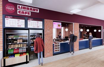 An artist's impression of the new-look Library Cafe with people queuing for food and coffee
