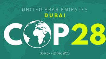 Headline banner with COP28 text with dates of conference, location, Dubai
