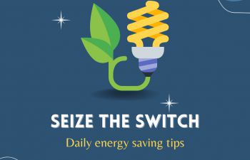 An energy saving lightbulb graphic with a green vine and leaf as a wire, on a dark blue background with lighter blue colouring in the corners. The image glistens and the text reads 