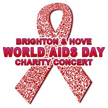 A white background with a drawing of the red ribbon logo with the text Brighton & Hove World AIDS Day Charity Concert