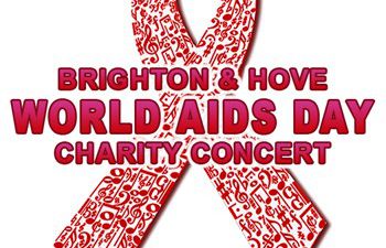 A white background with a drawing of the red ribbon logo with the text Brighton & Hove World AIDS Day Charity Concert