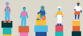 Graphics of five students, supported by building blocks
