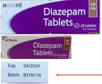 Two examples of fake Diazepam boxes showing the batch number 831N176 and names “Accord” or “Actavis”