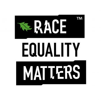 Race Equality Matters Logo - Black with White wording and image of a leaf in top left corner