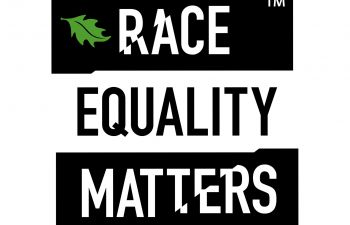 Race Equality Matters Logo - Black with White wording and image of a leaf in top left corner