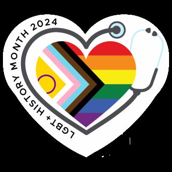 A heart in the colours of the progress pride flag with a drawing of a stethoscope wrapped around it and the words 'LGBT+ History Month 2024'