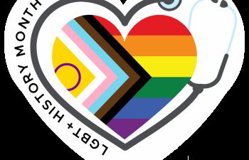 A heart in the colours of the progress pride flag with a drawing of a stethoscope wrapped around it and the words 'LGBT+ History Month 2024'