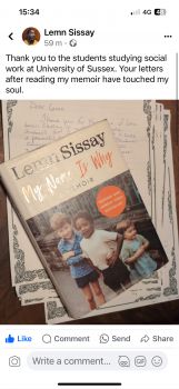 A tweet from Sissay with an image of the cover of his book and a message about how Sussex social work students touched his soul with their letters.