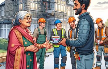 A picture of a lady handing a cup of tea to a builder