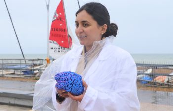 A scientist in a lab coat holding a model of a brain
