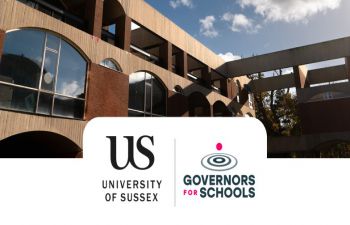 An image of Falmer House with the logos of University of Sussex and Governors for Schools below