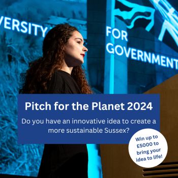 A student presenting their innovative sustainability idea at a Pitch for the Planet competition event, with text that reads 