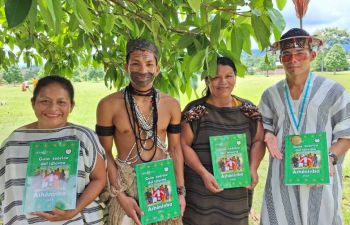 Ashéninka Professor Luzmila Casique Coronado (second from right) with students on the Bilingual Educators Program at UCSS-NOPOKI, December 2023