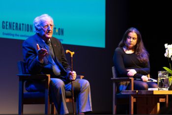 A photo of Ivor Perl BEM and his granddaughter Lia Bratt at the ACCA during this year's Holocaust Memorial Day event
