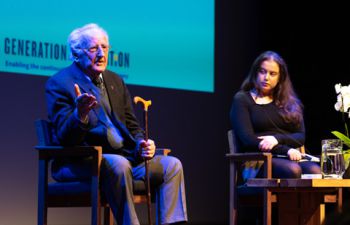 A photo of Ivor Perl BEM and his granddaughter Lia Bratt at the ACCA during this year's Holocaust Memorial Day event