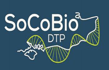 Logo for SoCoBio Doctoral Training Partnership. Blue background with words 'SoCoBio DTP'. Underneath a white outline of the shape of the coastline is integrated with a green shape that looks similar to DNA.