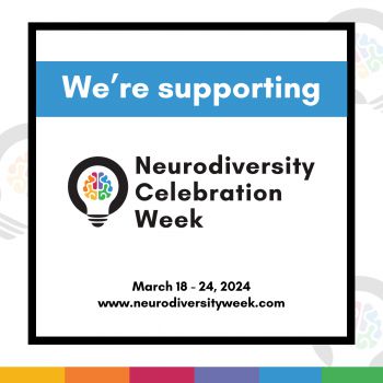 We're supporting Neurodiversity Celebration Week text and bright colour brain and lightbulb logo