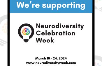 We're supporting Neurodiversity Celebration Week text and bright colour brain and lightbulb logo