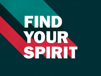 Text that reads 'Find your spirit' with multi-coloured shadow graphic