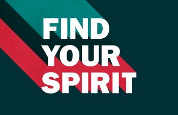 Text that reads 'Find your spirit' with multi-coloured shadow graphic