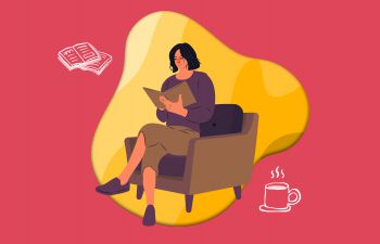 Graphic image of a woman reading a book in an armchair against a pink and yellow background