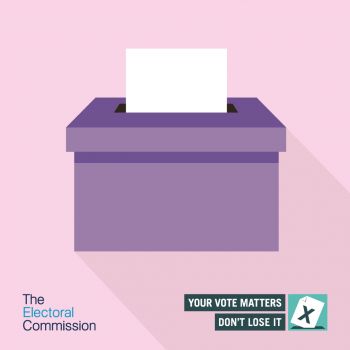 Graphic of a ballot box with a piece of paper going into the slot