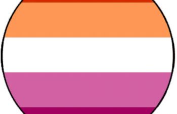 The lesbian flag with red, pink, orange and white stripes in a circle