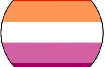The lesbian flag with red, pink, orange and white stripes in a circle
