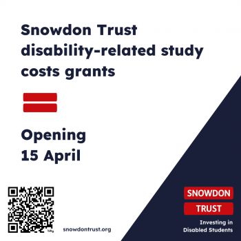 Snowdon Trust disability-related study costs grants text against white and blue image with red logo