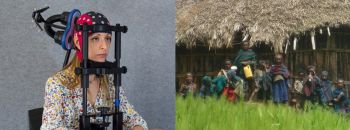 Woman undergoing Consciousness Science research and children standing in front of a rural dwelling