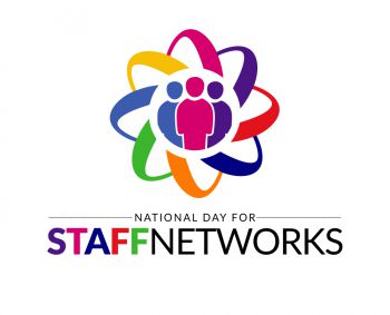 Logo with three characters encircled by a colourful swirling pattern with the words National Day for Staff Networks underneath