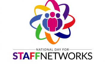 Logo with three characters encircled by a colourful swirling pattern with the words National Day for Staff Networks underneath