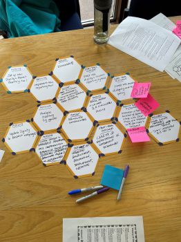 Picture of cardboard Hexagons on desk as part of an action plan activity