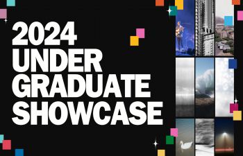 A black and white graphic that reads '2024 Undergraduate Showcase' next to a collage of student photography and photos of students performing in bands on a stage.