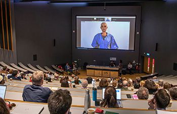 A photo of the live stream chat with Sophia, the first robot citizen of the world, in Jubilee Lecture Theatre