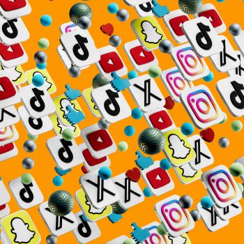 A number of social media logos including YouTube, TikTok, Instagram, X and Snapchat amid blue thumbs up signs, and different colour balls on an orange background.