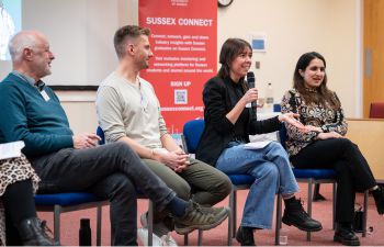 Alumni panellists at Careers in Charities, Development and Not for Profits (L-R) Jon Rosser, Liam Hackett MBE, Maria Luz Casal and Shreya Bhatia