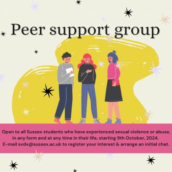 Three diverse individuals stand together, engaged in conversation. The background features a yellow abstract shape and the text