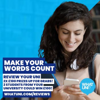 A student smiling looking at her phone and text that reads