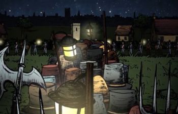 Animated visual showing a rural protest marching towards soldiers in a 19th century village at night