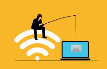 Graphic of a hooded man sitting on a WiFi symbol using a fishing rod to hook an email from a laptop