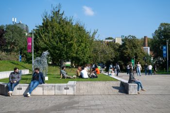 Students sitting on grass outside on campus; a horse sculpture is visible as well as trees