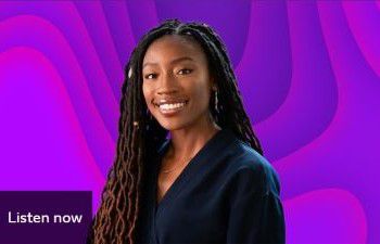 Kamila McInnes standing in front of a purple graphic background