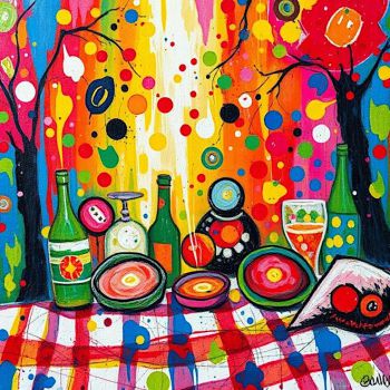 Colourful abstract painting of bottles of drink and food on a picnic rug