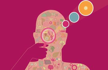 pink summer of research logo outline of human head holding a magnifying glass