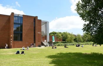 Campus building in sunshine with grass and trees